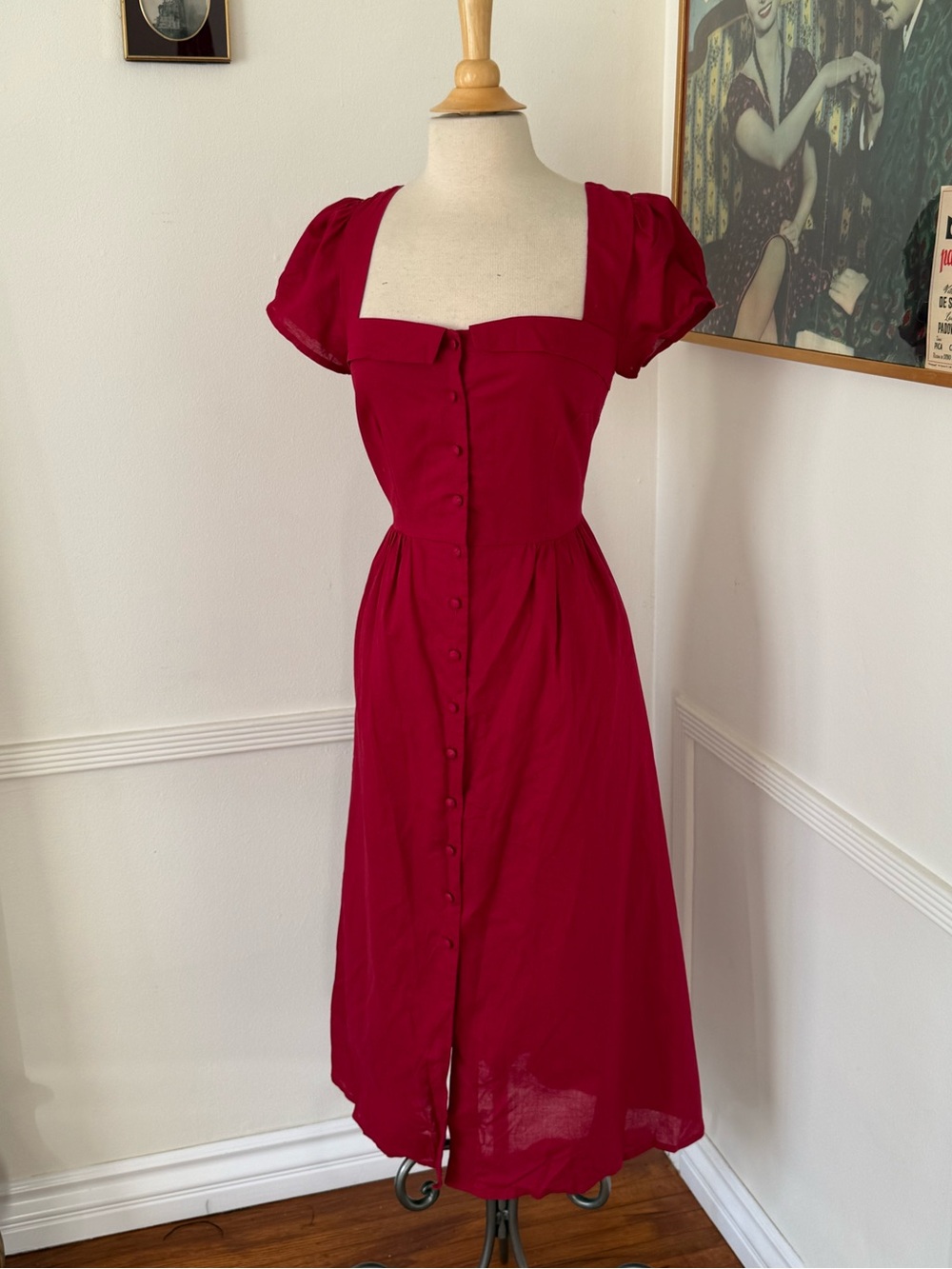 RIHOAS Red Linen Square Neck Button-Front Midi Dress